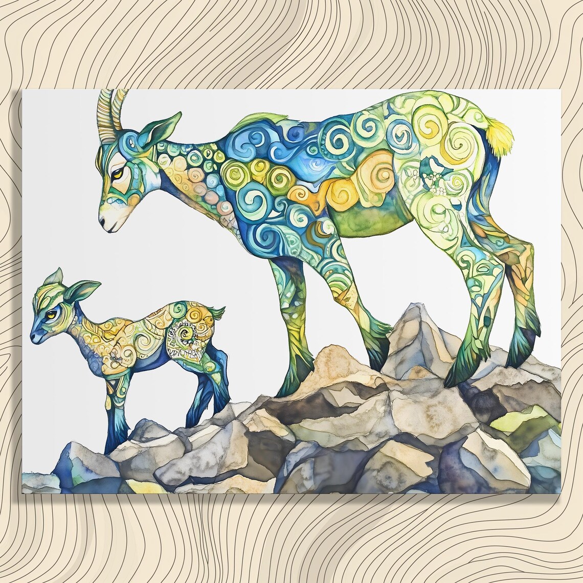 Mountain Goat Baby Watercolor Swirls Rocky Hillside Wildlife Poster