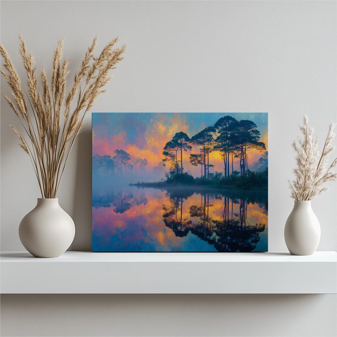 Sunset Pine Forest Misty Lake Mirror Reflection Nature Poster