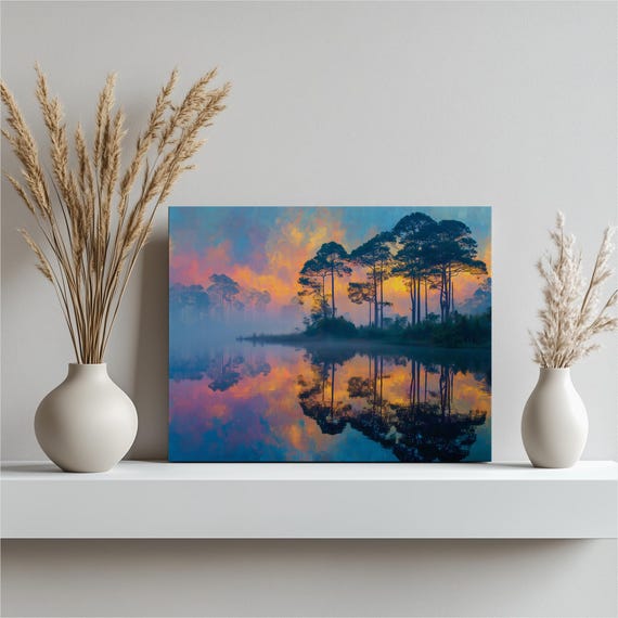 Sunset Pine Forest Canvas Wall Art Misty Lake Reflection Sunrise Horizon Serene Painting Mirrored Trees Colorful Sky Tones Nature Gift