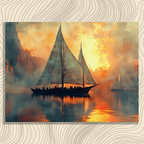 Sunset Sailboats Schooner Orange Sky Coastal Voyage Painting Poster