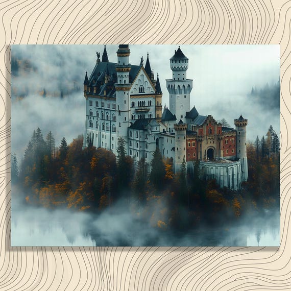 Majestic Castle Canvas Wall Art Misty Forest Reflection Lake Landscape Painting Nature Print For Enthusiasts Classic Decor