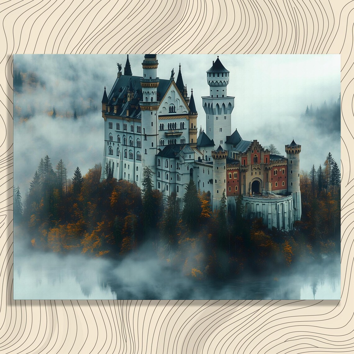 Misty Fairytale Castle Above Alpine Lake Autumn Forest Scene Poster