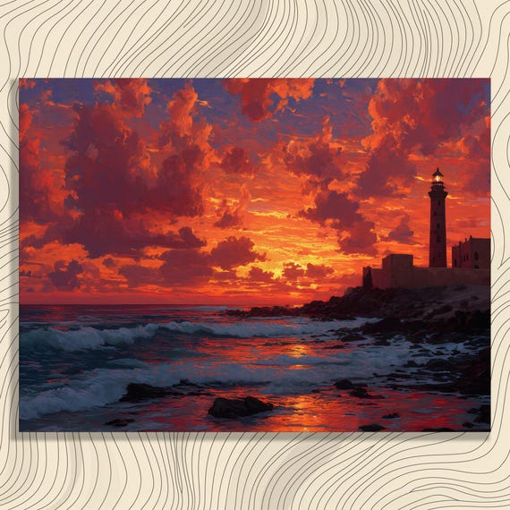 Lighthouse Sunset Seascape Canvas Wall Art Coastal Decor Ocean Waves Nautical Rocky Shoreline Colorful Painting