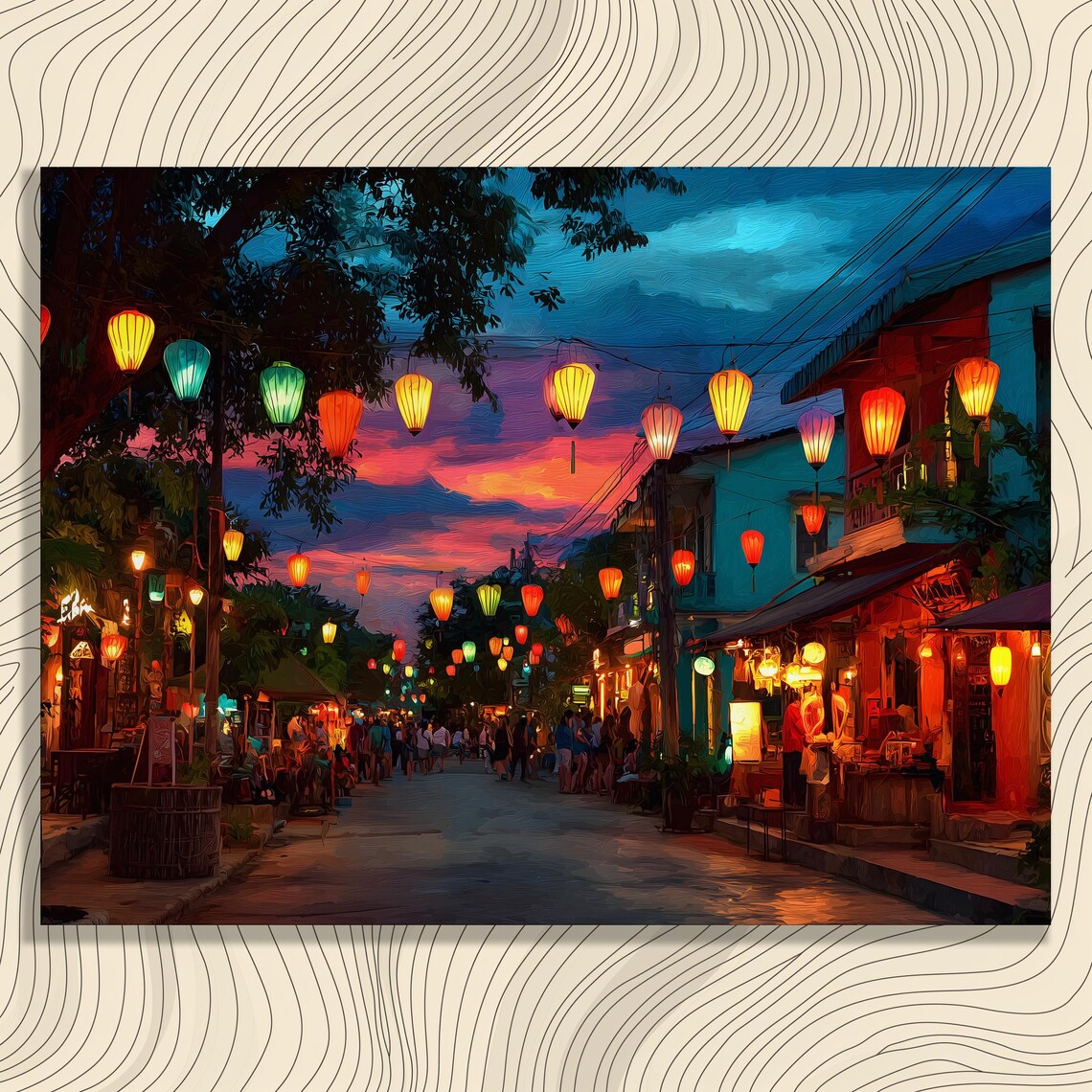 Lantern Street Market Dusk Colorful Night City Street Scene Poster