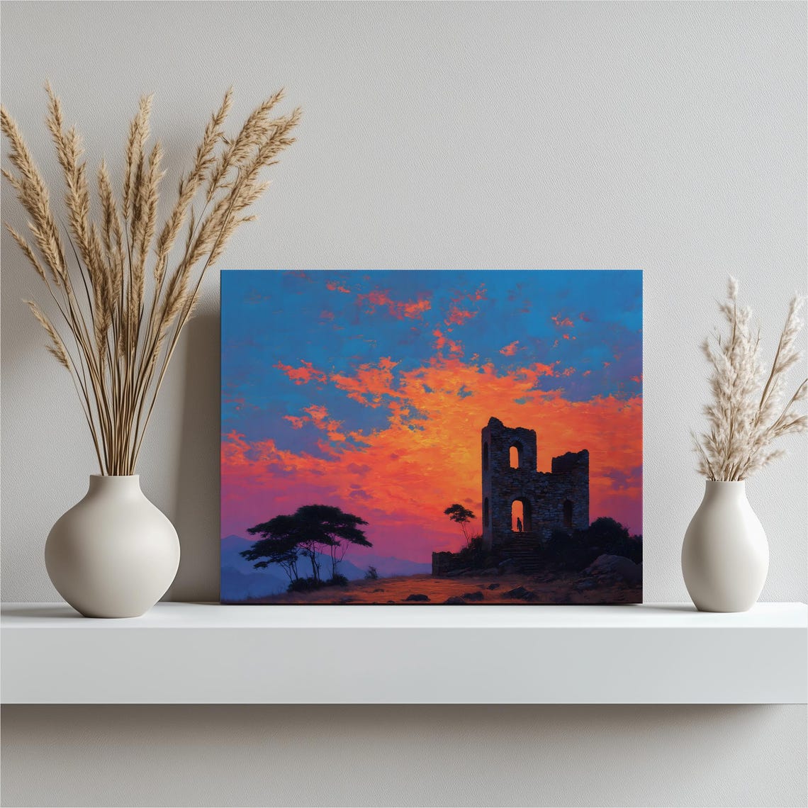 Ancient Ruins Sunset Dramatic Orange Sky Stone Tower Silhouette Poster