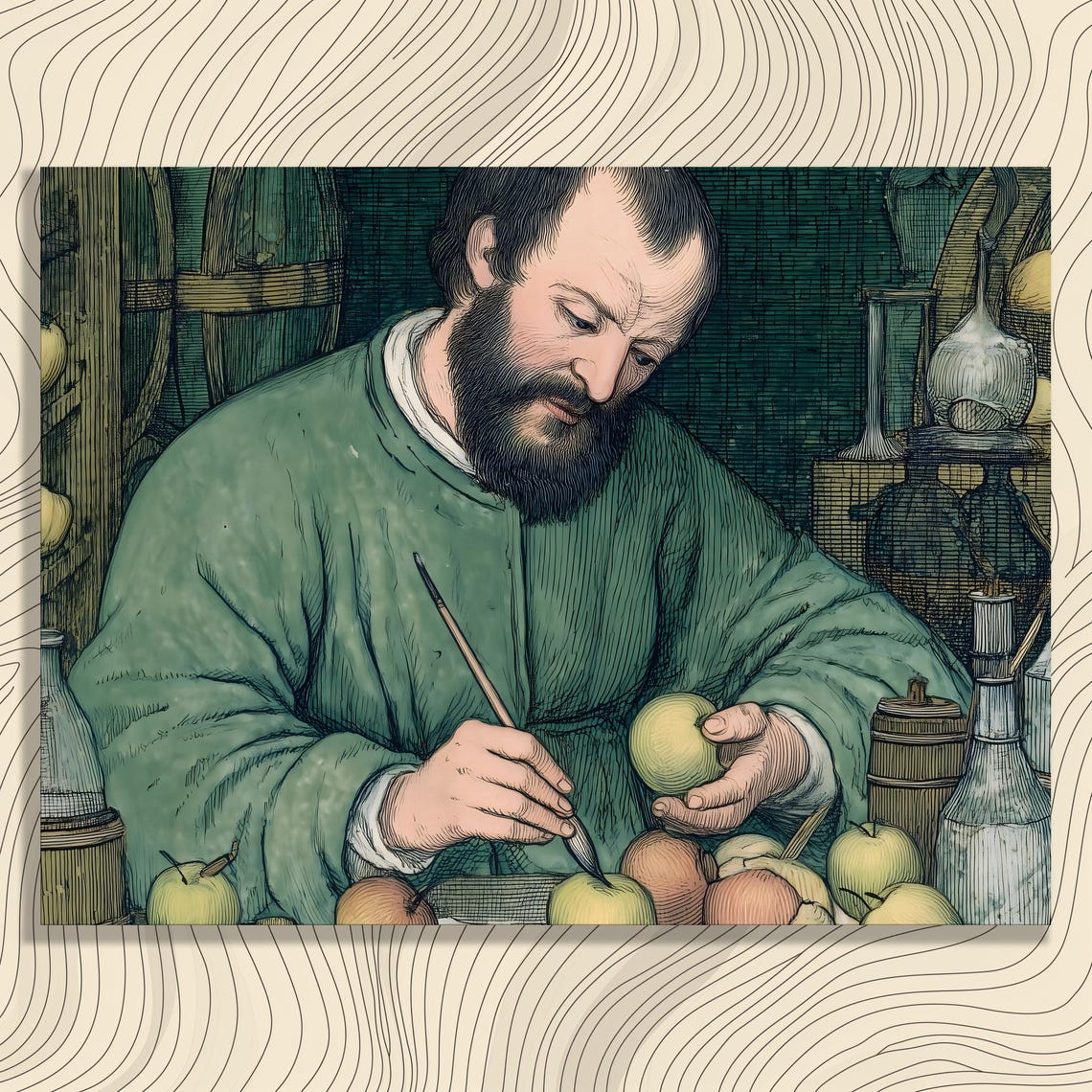 Painter at Easel Still Life Apples Art Studio Ink Illustration Poster