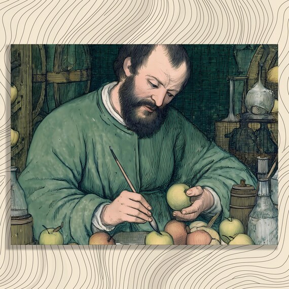 Painter at Easel Still Life Apples Art Studio Ink Illustration Poster