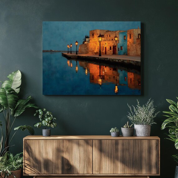 Coastal Town Harbor at Night with Glowing Lanterns and Reflections Poster