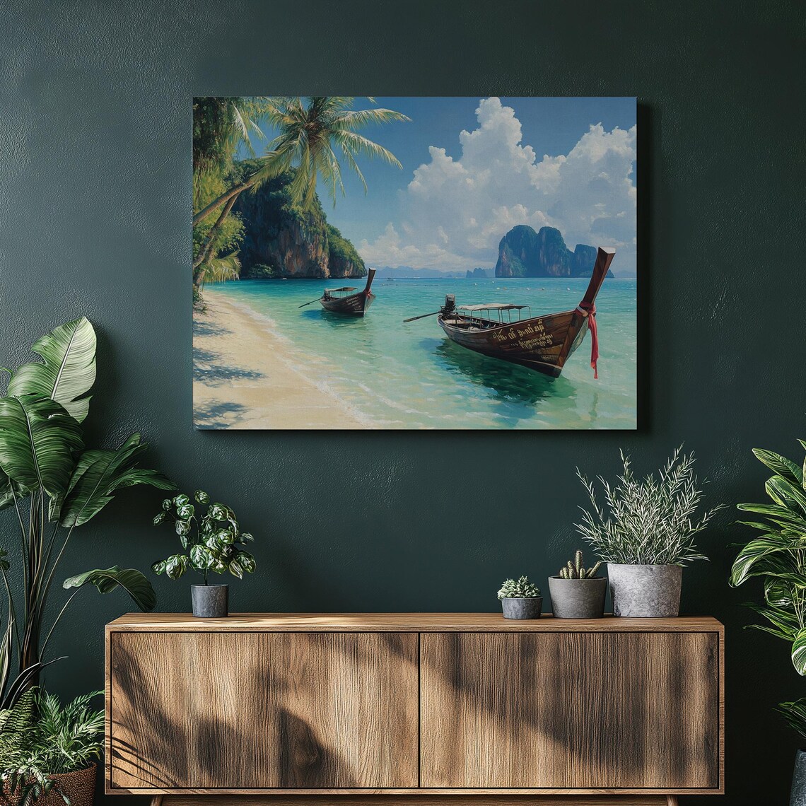 Thailand Longtail Boats Turquoise Beach Limestone Karsts Art Poster