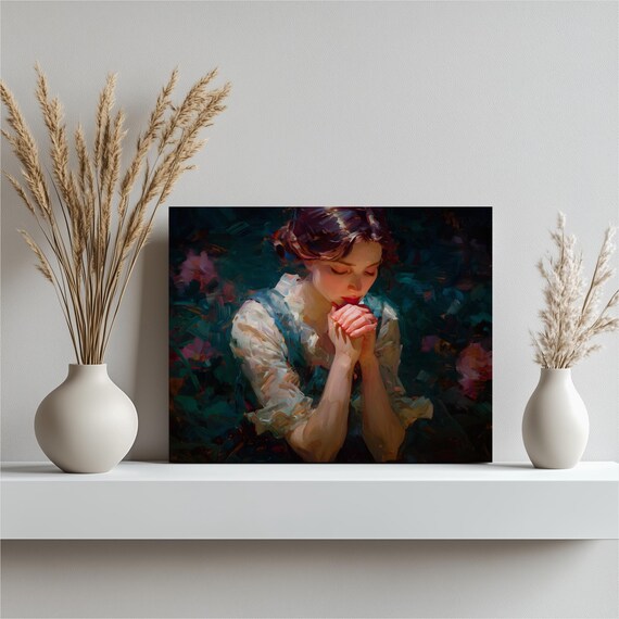 Young Woman In Prayer Impressionist Oil Painting Devotional Art Poster