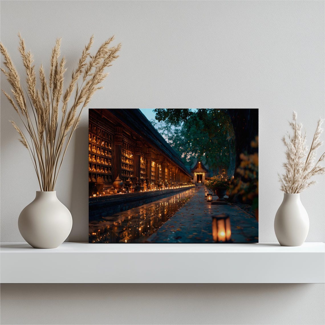 Buddha Temple Canvas Wall Art Serene Candlelight Lantern Pathway Reflecting Pool Corridor Traditional Asian Shrine Meditation Print