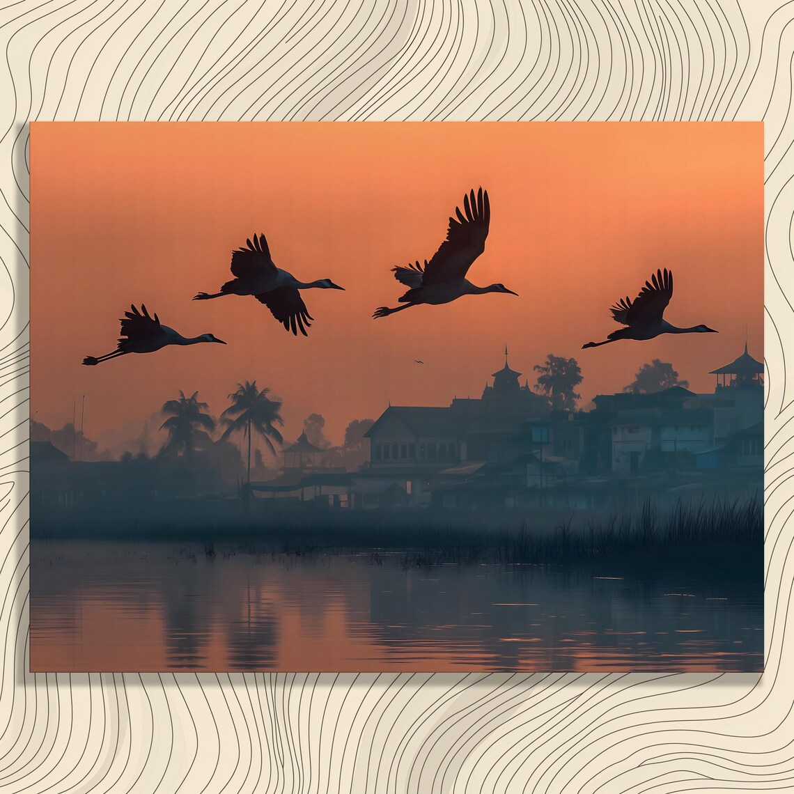 Cranes Flying Over Lake at Sunrise Village Silhouette Wall Art