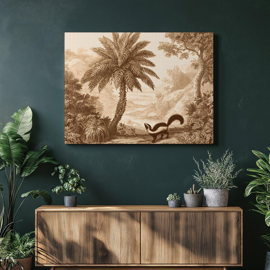 Sepia Jungle Skunk Palm Tree Vintage Tropical Engraving Poster