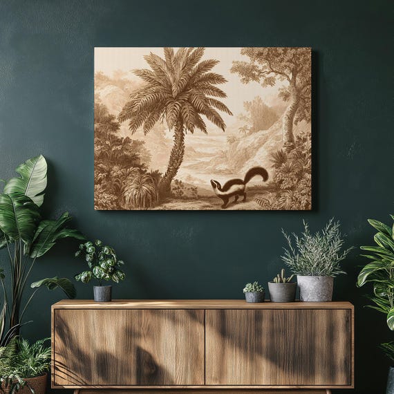 Vintage Tropical Jungle Canvas Wall Art Sepia Palm Tree Engraved Print Wildlife Illustration Botanical Panorama River View Skunk
