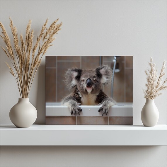 Koala Bathtub Canvas Wall Art Cute Bathroom Animal Decor Playful Portrait Photo Print Neutral Tile Gift For Wildlife Lovers
