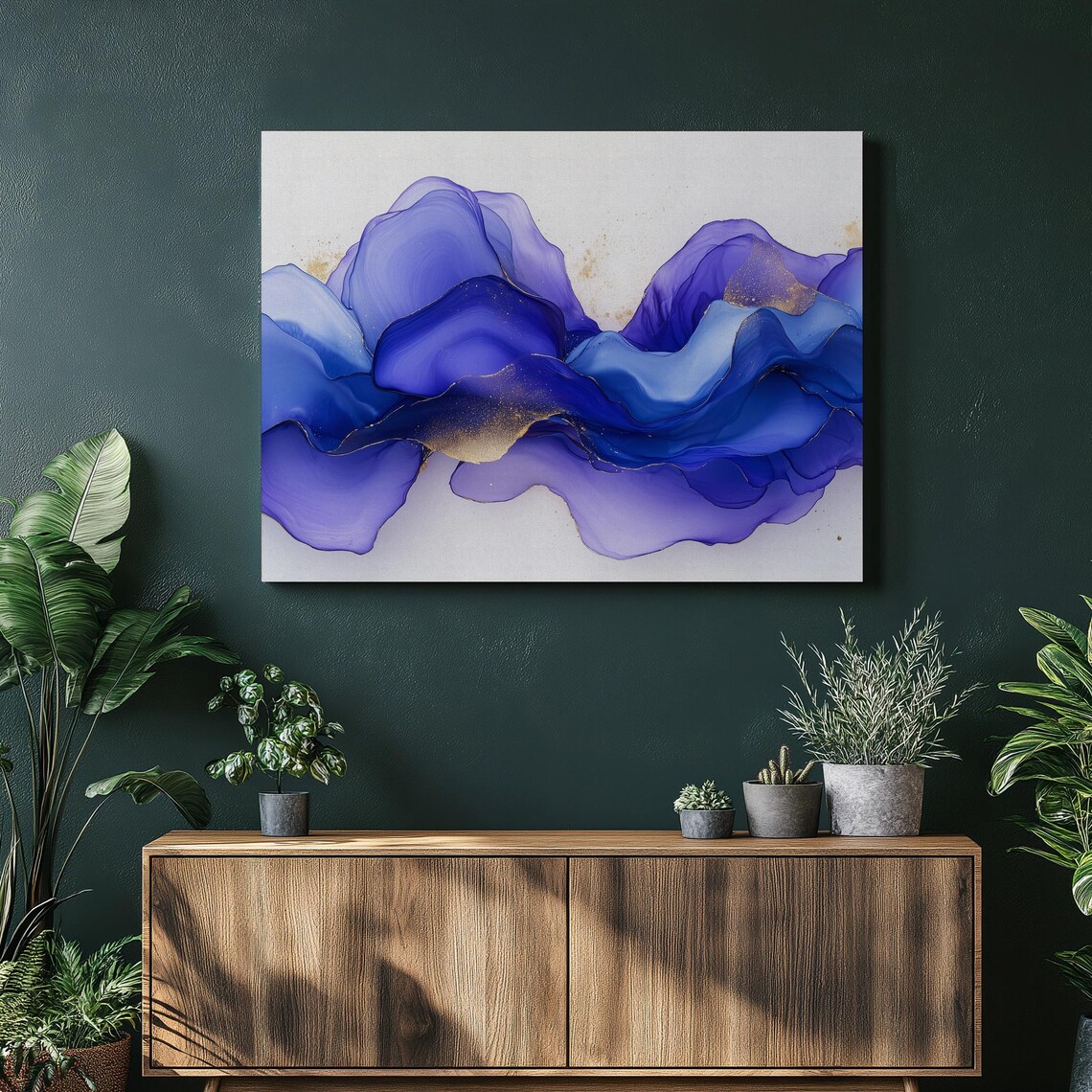 Modern Abstract Blue Purple Fluid Ink Art With Gold Accents Poster