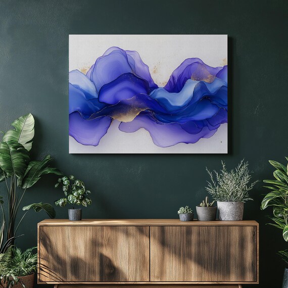 Modern Abstract Canvas Wall Art With Fluid Shapes Cerulean Blue Gold Accents Artwork Contemporary Lavender Painting Large