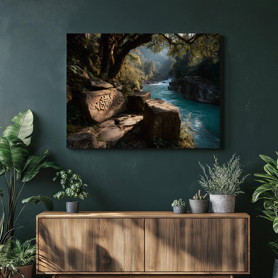 Turquoise Mountain River With Carved Prayer Stones In Forest Poster