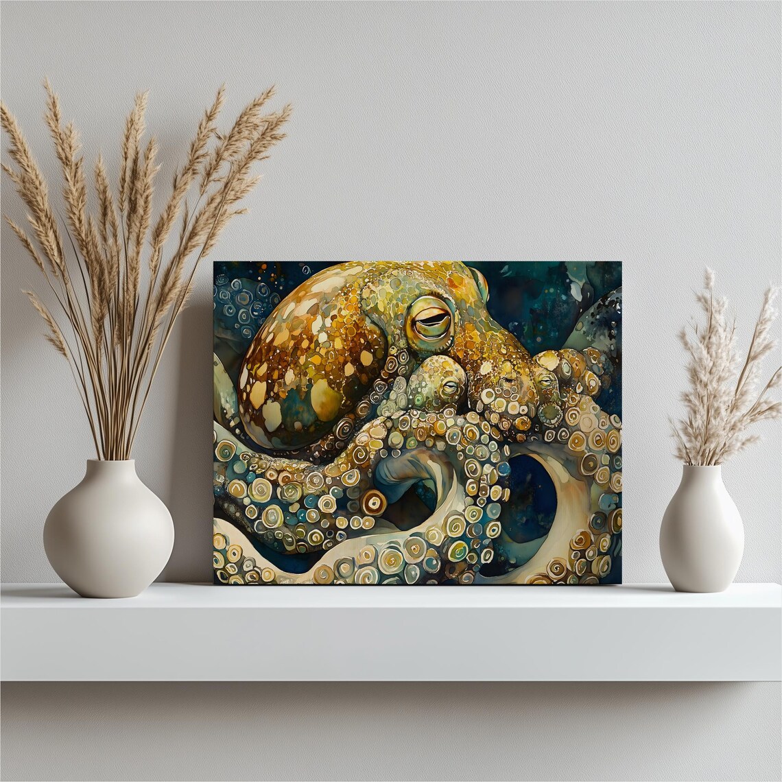 Mother and Baby Octopus Golden Watercolor Ocean Life Wall Art