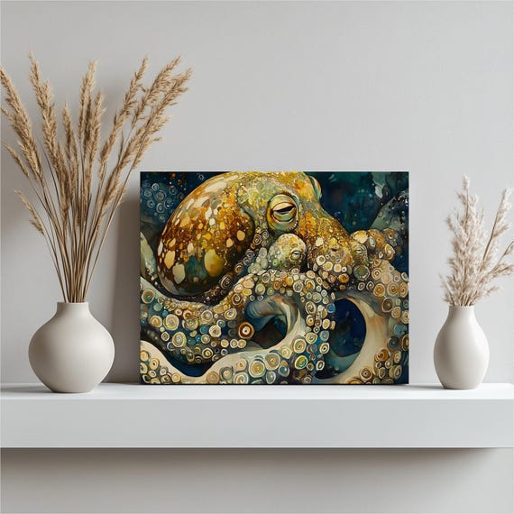 Mother Octopus Family Canvas Wall Art Watercolor Ocean Wildlife Print Coastal Nursery Decor Sea Life Illustration Teal Gold Painting