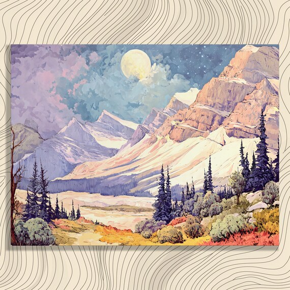 Serene Mountain Canvas Wall Art Starry Night Full Moon Phases Sky Landscape Painting Nature Print Vintage Decor