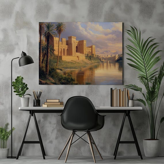 Iraq Canvas Wall Art Babylon Ancient Ruins Landscape Detailed Painting River Palm Trees Home Decor Gift Entrance And Livingroom