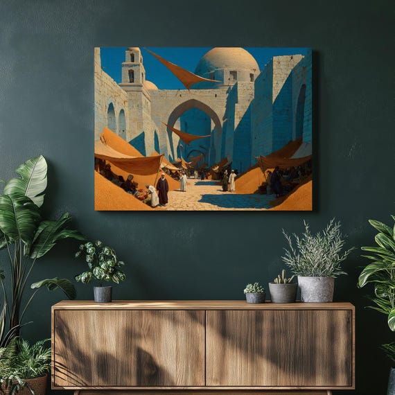 Middle Eastern Market Canvas Wall Art Desert City Ancient Architecture Domed Buildings Stone Archway Street Scene Vintage Travel Decor
