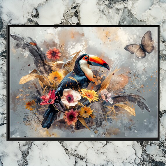 Toucan Canvas Wall Art Colorful Bird Painting Abstract Feathers Oil Texture Office Decoration Wildlife Home Interior