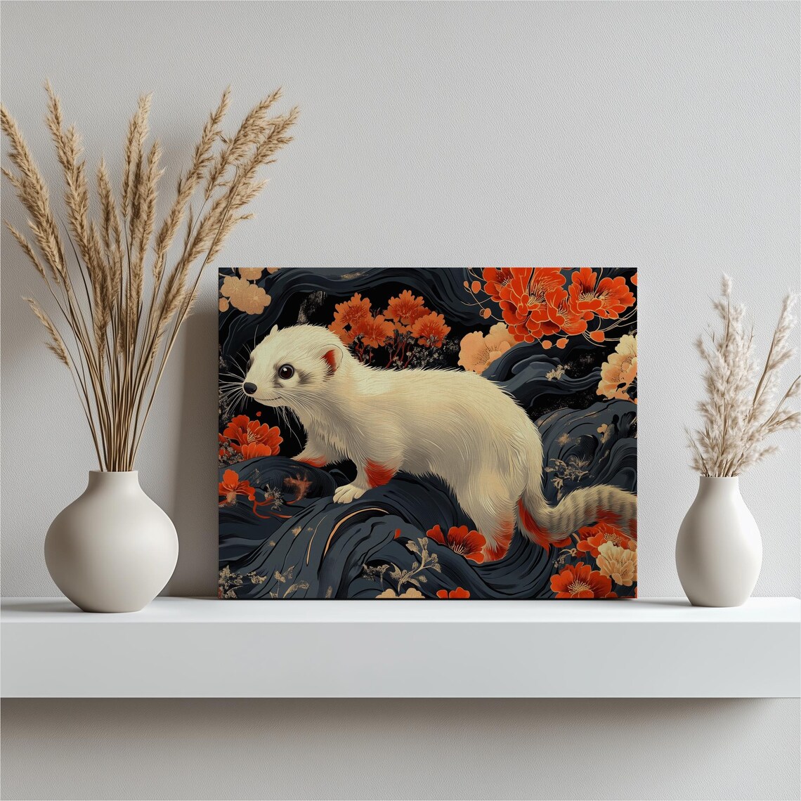 White Ferret Among Red Blossoms Japanese Wave Floral Animal Art Poster
