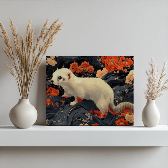 Cute Ferret Canvas Wall Art Print Colorful Floral Botanical Animal Artwork For Home Decor Nursery Living Room Modern