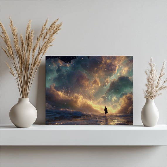 Surreal Cosmic Seascape Lone Figure Walking on Water Galaxy Poster