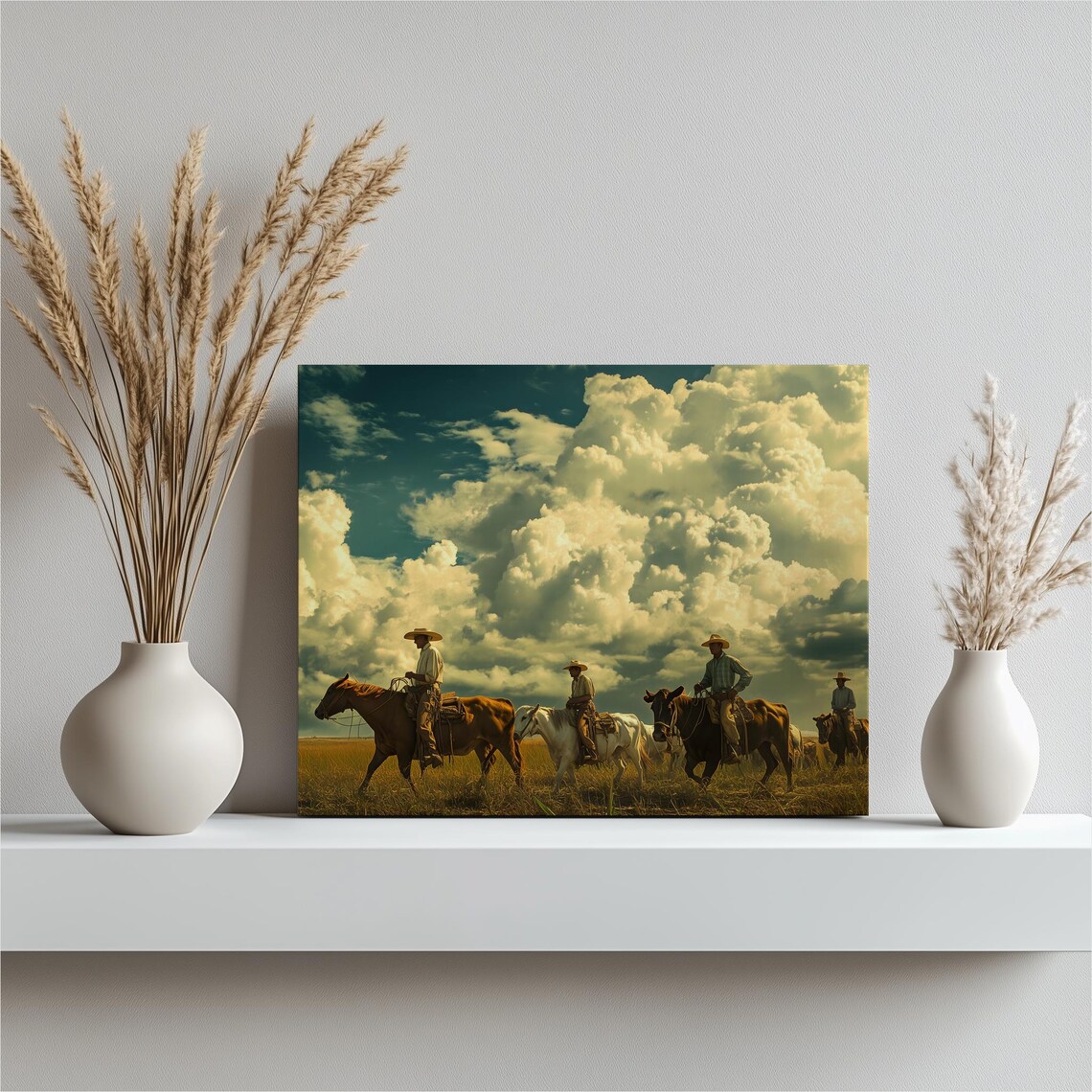 Cowboy Cattle Drive Horseback Sunset Prairie Western Art Poster
