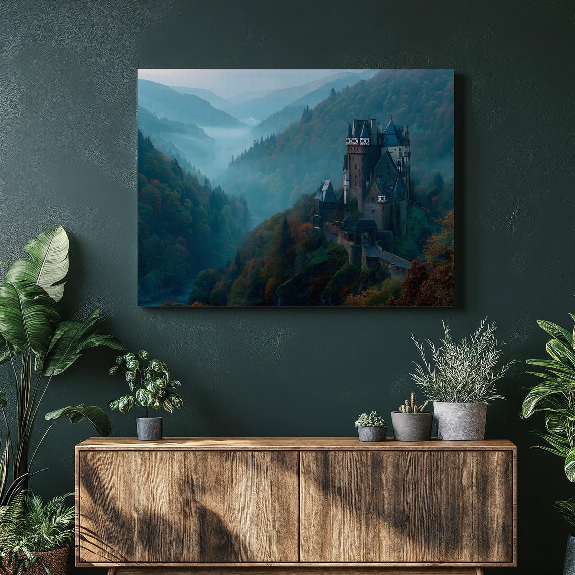 Misty Medieval Castle on Cliff Blue Foggy Forest Landscape Poster