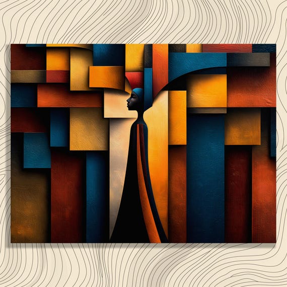 African Woman Geometric Canvas Wall Art Abstract Color Block Portrait Modern Decor Print Bold Orange Blue Gold Contemporary Painting Gift