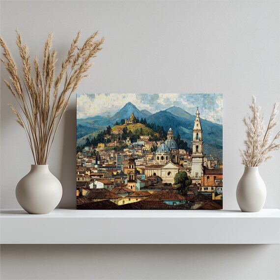 Colorful Cityscape Canvas Wall Art Colonial Hillside Town Skyline Mountain Range Backdrop Urban Landscape Rooftops Church Steeple Decor