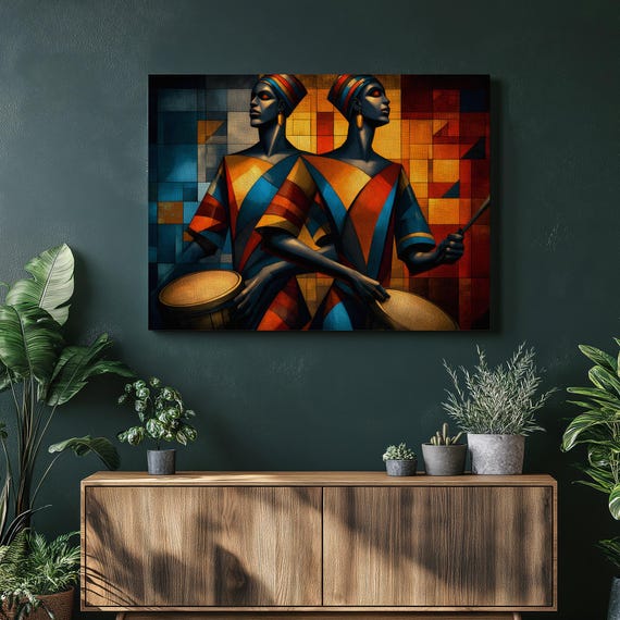African Drum Canvas Wall Art Abstract Geometric Drummer Painting Mosaic Percussion Tribal Decor Ethnic Print Modern Cubist Style
