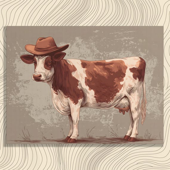 Cowboy Hat Cow Canvas Wall Art Vintage Rustic Country Bovine Print Western Style Ranch Decor Brown Beige Distressed Illustration Engraving