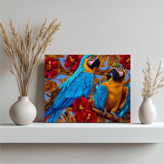 Vibrant Tropical Macaw Canvas Wall Art Blue Yellow Parrot Hibiscus Print Exotic Bird Decor Botanical Floral Painting Gift