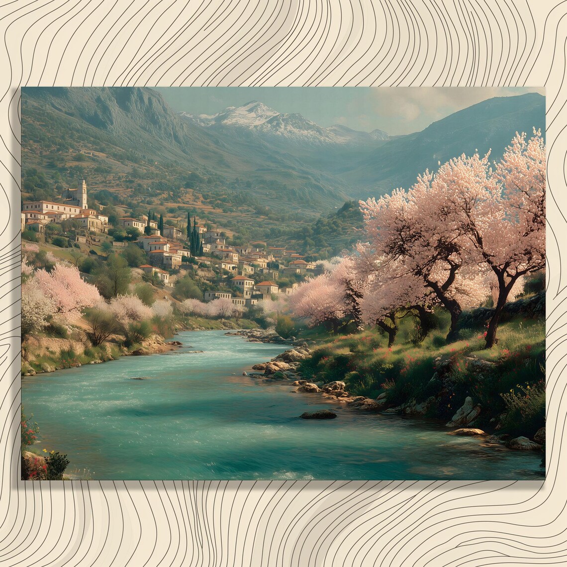 Greece Village Spring Blossom Poster Pastel River Mountain Landscape Art
