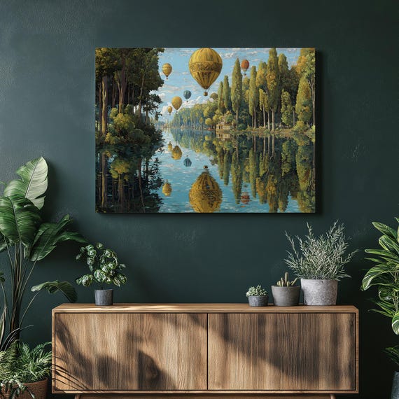 Hot Air Balloon Canvas Wall Art Colorful Lake Reflection Landscape Mirrored Water Forest Trees Blue Sky Clouds Scenic Print Nature Decor