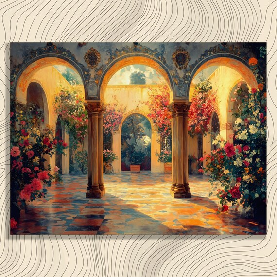 Vibrant Courtyard Canvas Wall Art Vintage Floral Botanical Garden Print With Sunlit Arches And Romantic Nature Painting Impressionist