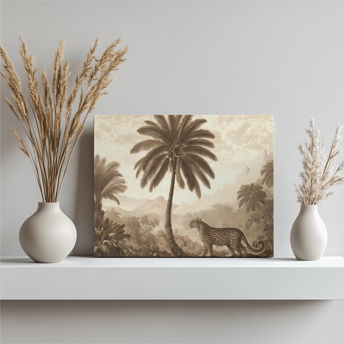 Vintage Leopard Palm Tree Jungle Sepia Engraving Wildlife Wall Art
