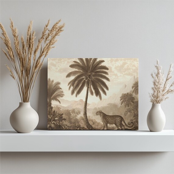 Vintage Leopard Jungle Canvas Wall Art Tropical Palm Tree Engraving Print Sepia Wildlife Decor Artwork Coastal