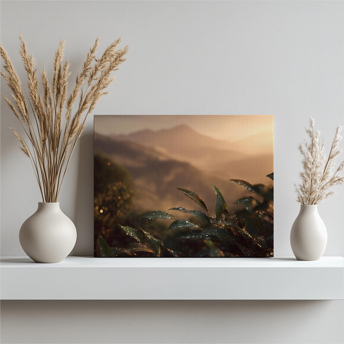 Misty Golden Sunrise Over Mountains Dew Leaves Nature Photo Poster