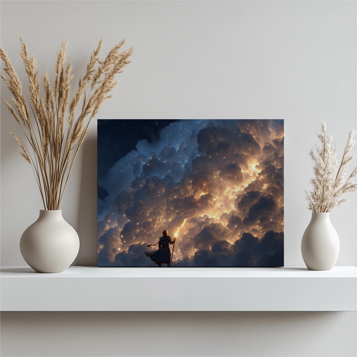 Torchlit Wanderer Beneath Celestial Night Sky Fantasy Art Poster