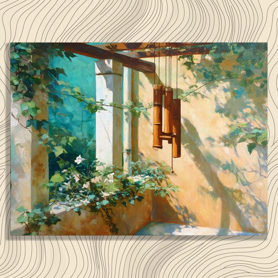 Sunlit Garden Terrace Canvas Wall Art Botanical Vine Painting Pergola Bamboo Wind Chime Outdoor Decor Sunlight Print Gift