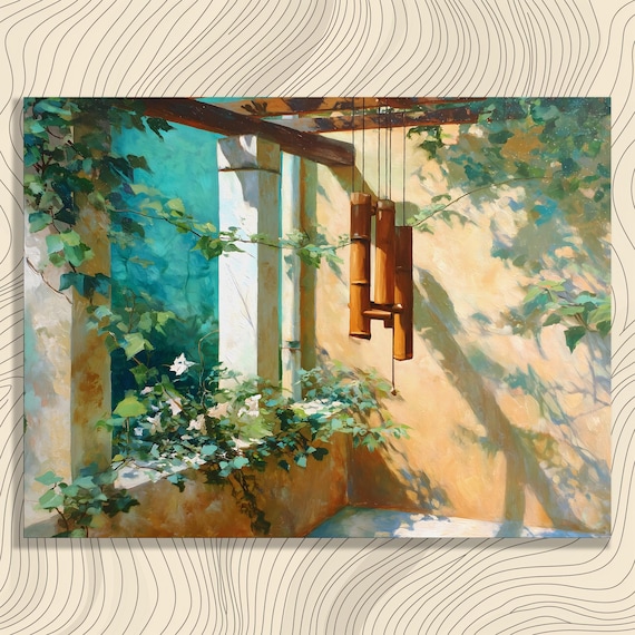 Sunlit Mediterranean Courtyard Bamboo Wind Chime Ivy Oil Painting Print