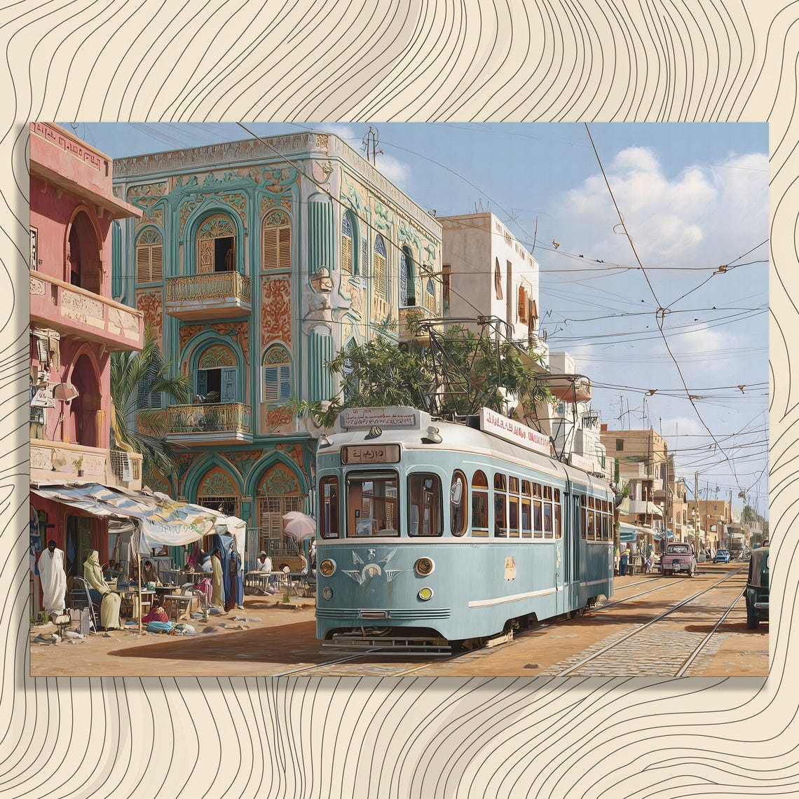 Vintage Blue Tram In Old Middle Eastern City Street Scene Poster