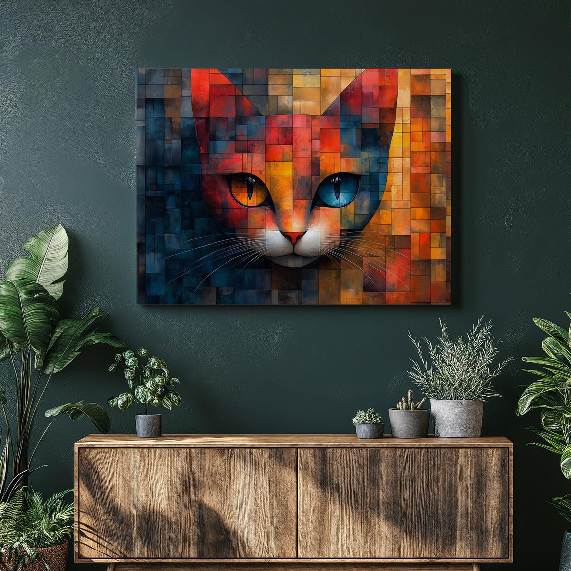 Geometric Mosaic Cat Face Bold Colorful Abstract Feline Art Poster