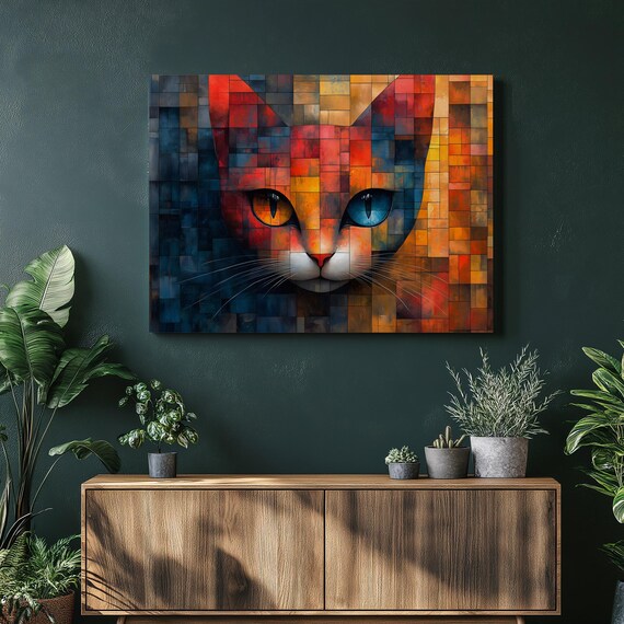 Geometric Mosaic Cat Face Bold Colorful Abstract Feline Art Poster